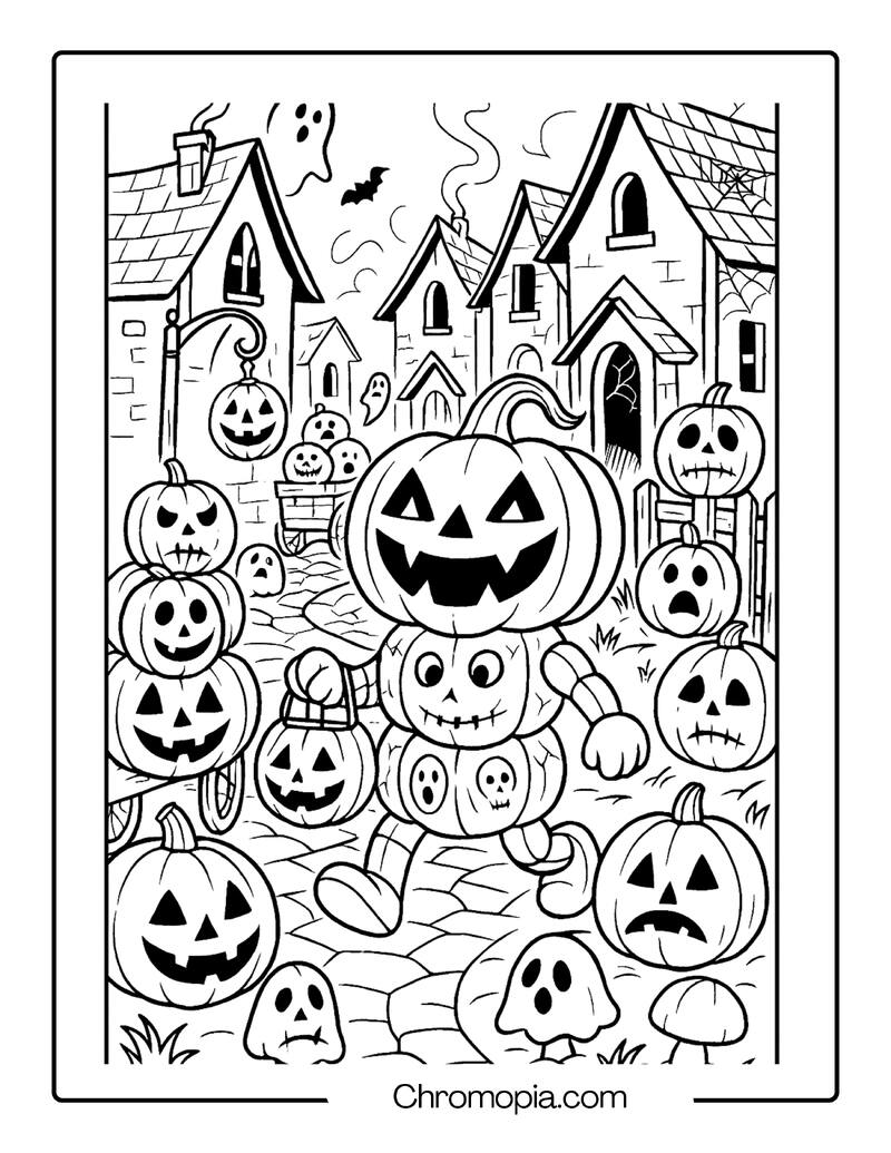 Haunted Village Lane Overflowing with Jack-o_-Lanterns – Jack-o_-Lantern Coloring Page