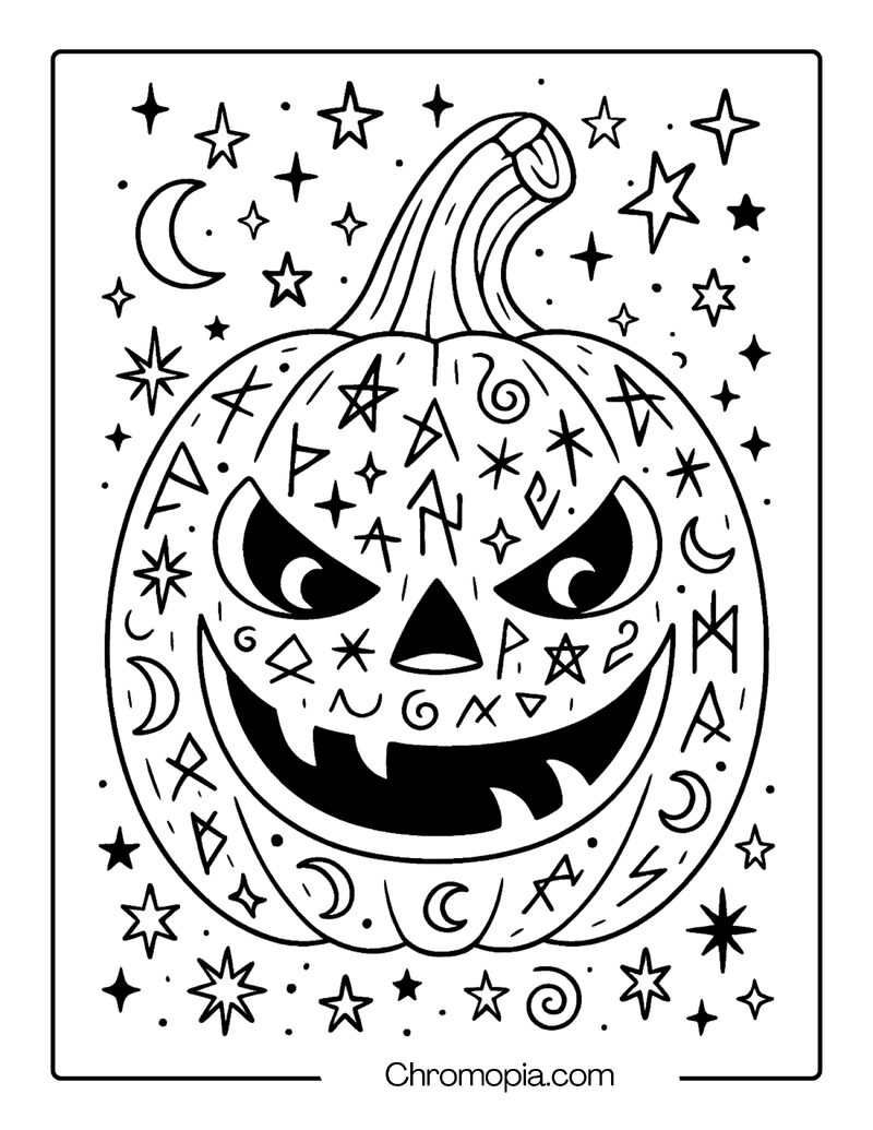 Jack-o_-Lantern Covered in Witch Glyphs and Runes – Jack-o_-Lantern Coloring Page