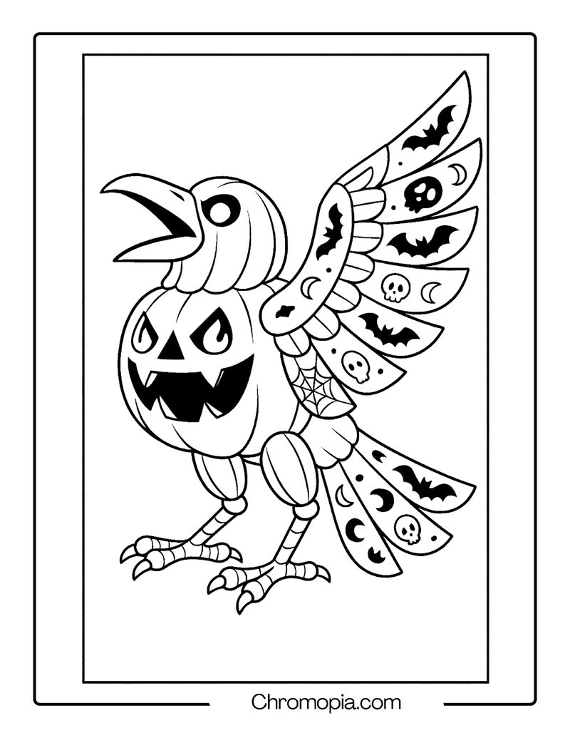 Jack-o_-Lantern Crow with Glowing Carved Wings – Jack-o_-Lantern Coloring Page