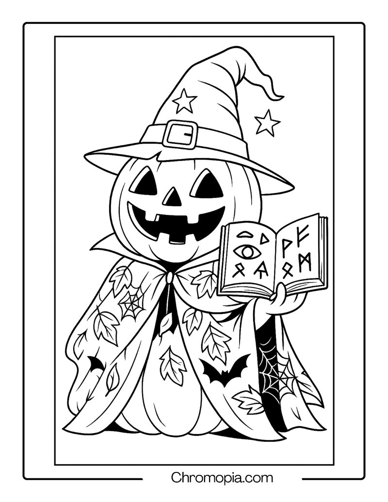 Jack-o_-Lantern with a Witch’s Hat, Cloak, and Spell Book – Jack-o_-Lantern Coloring Page