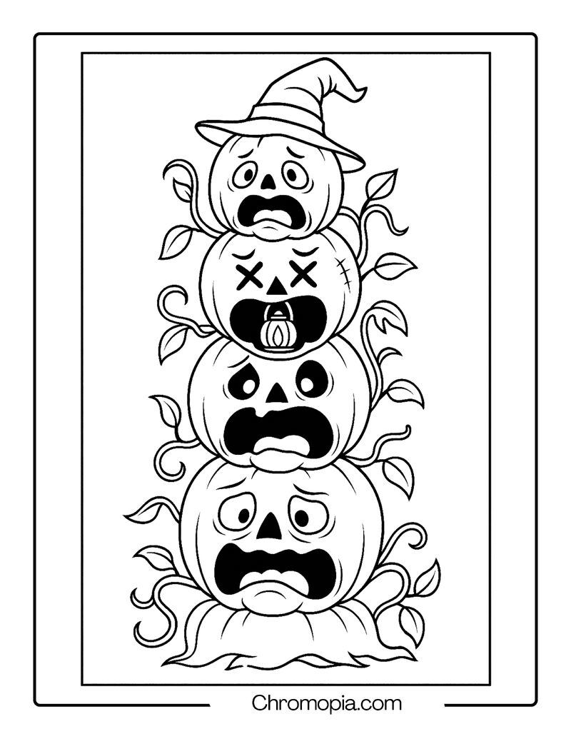 Tower of Screaming Pumpkins – Jack-o_-Lantern Coloring Page