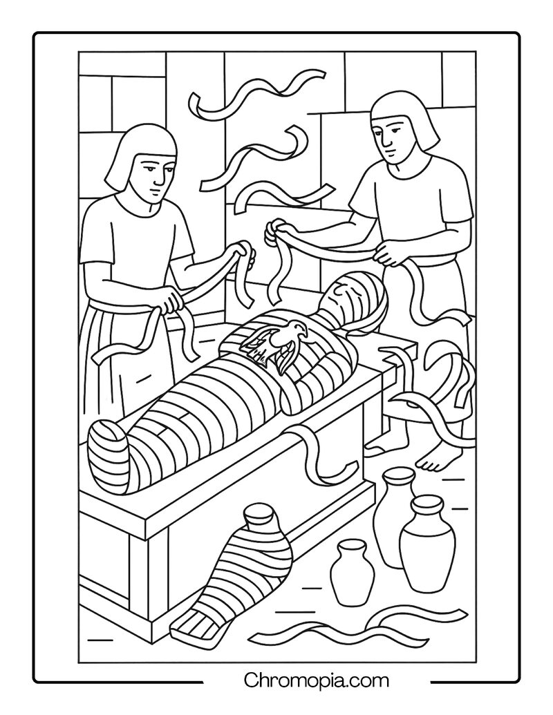 Ancient Mummy Being Rewrapped by Temple Attendants – Egyptian Mummy Coloring Page