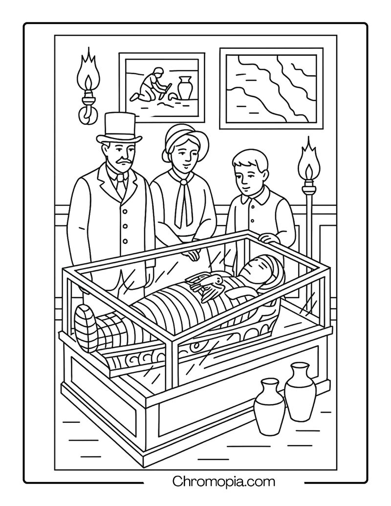 Mummy Displayed in a Victorian-Era Museum – Egyptian Mummy Coloring Page