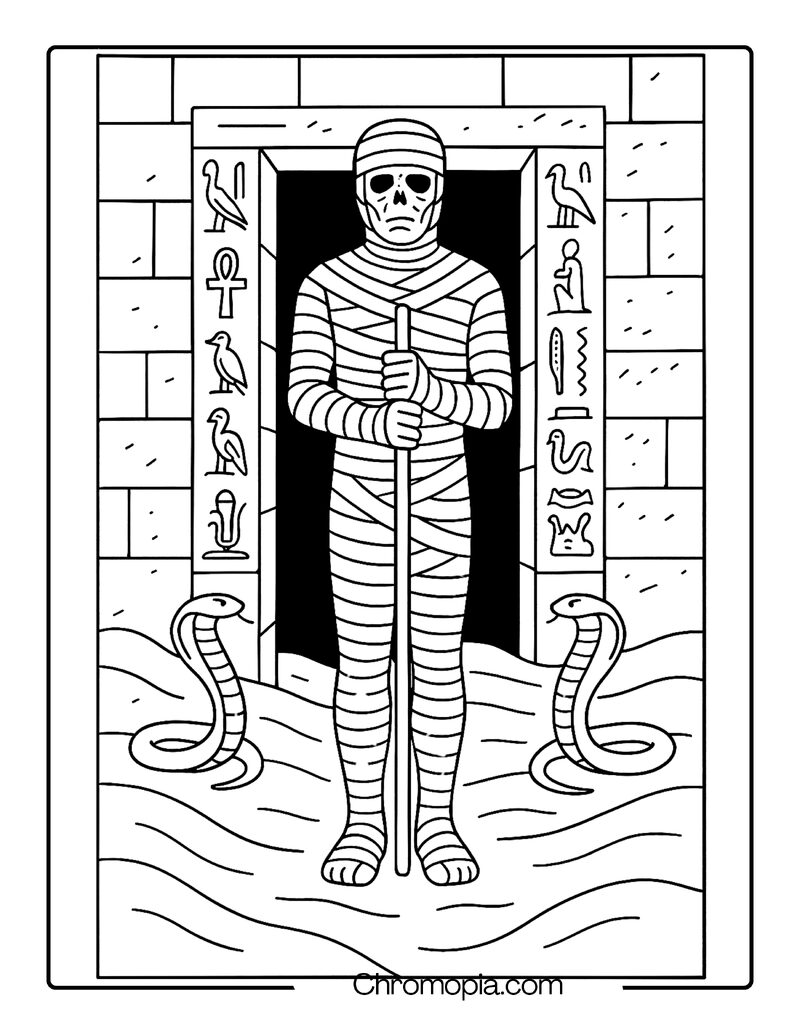 Mummy Guarding a Hidden Tomb Door – Egyptian Mummy Coloring Page