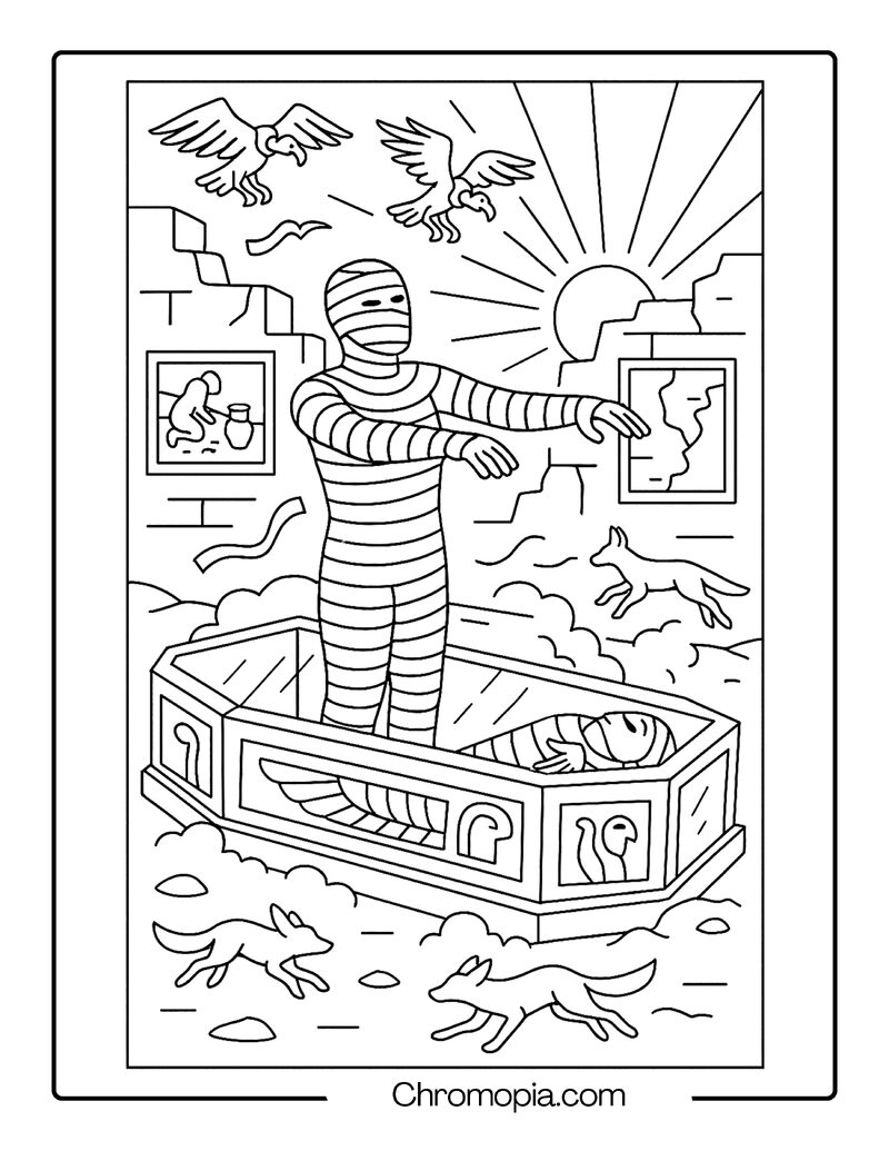 Mummy Rising from Coffin at Dawn – Egyptian Mummy Coloring Page