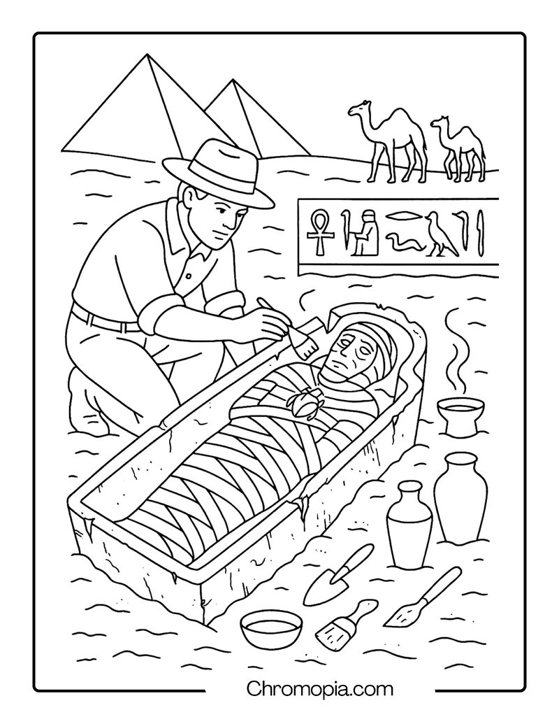 Mummy Unveiling Scene at an Archaeological Dig – Egyptian Mummy Coloring Page