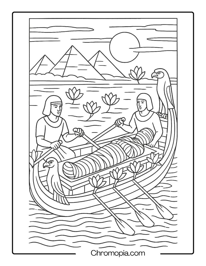 Mummy on a Funeral Boat Crossing the Nile – Egyptian Mummy Coloring Page