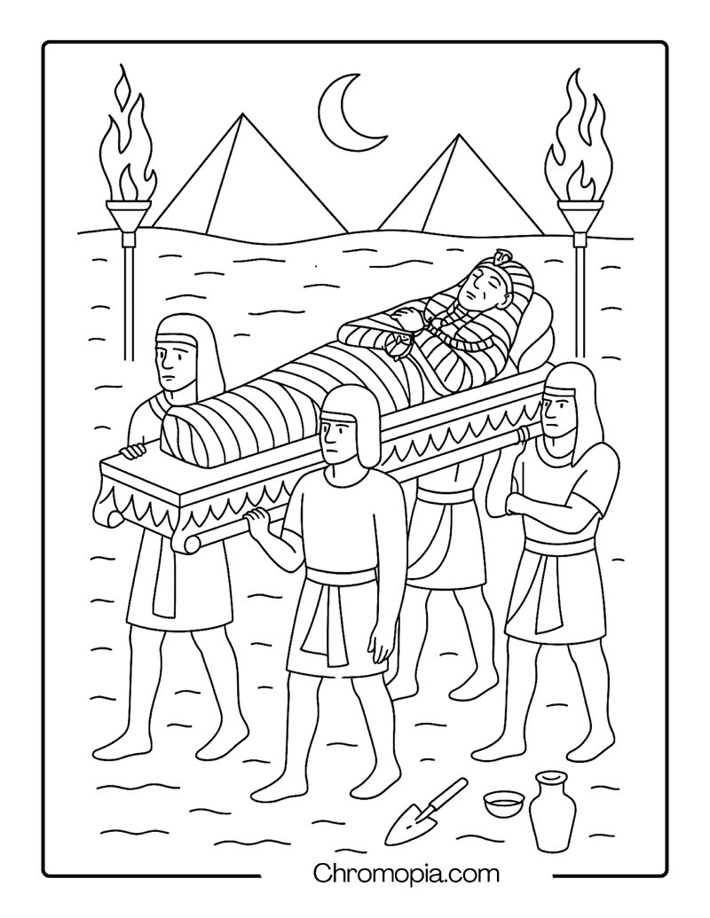 Procession of the Mummified Pharaoh – Egyptian Mummy Coloring Page