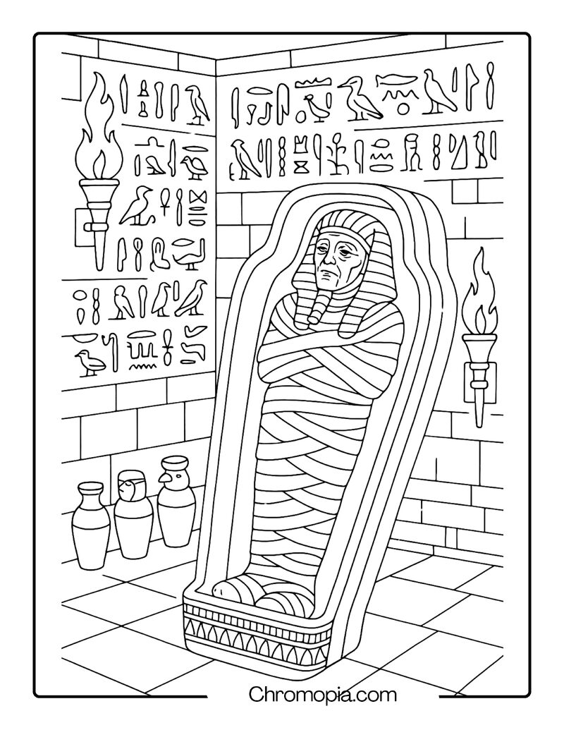 Sarcophagus Chamber with Wrapped Royal Mummy – Egyptian Mummy Coloring Page