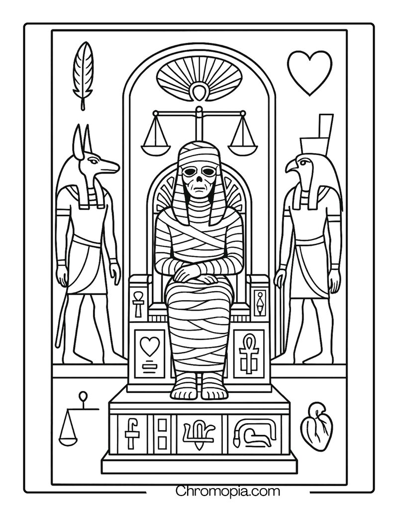 Seated Mummy in the Hall of Judgment – Egyptian Mummy Coloring Page