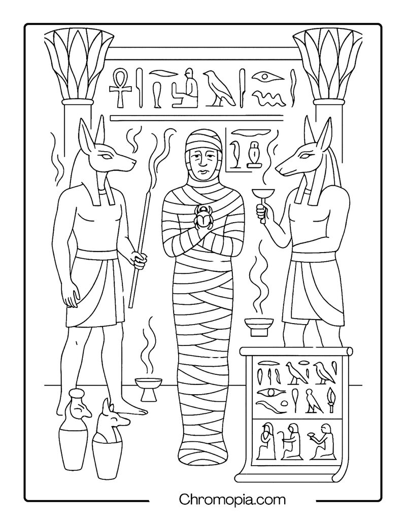 Standing Mummy in Anubis Ritual Ceremony – Egyptian Mummy Coloring Page