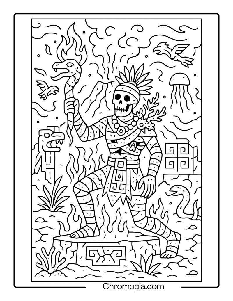 Aztec Fire Mummy Emerging from Volcano Shrine – Cultural Mummy Coloring Page