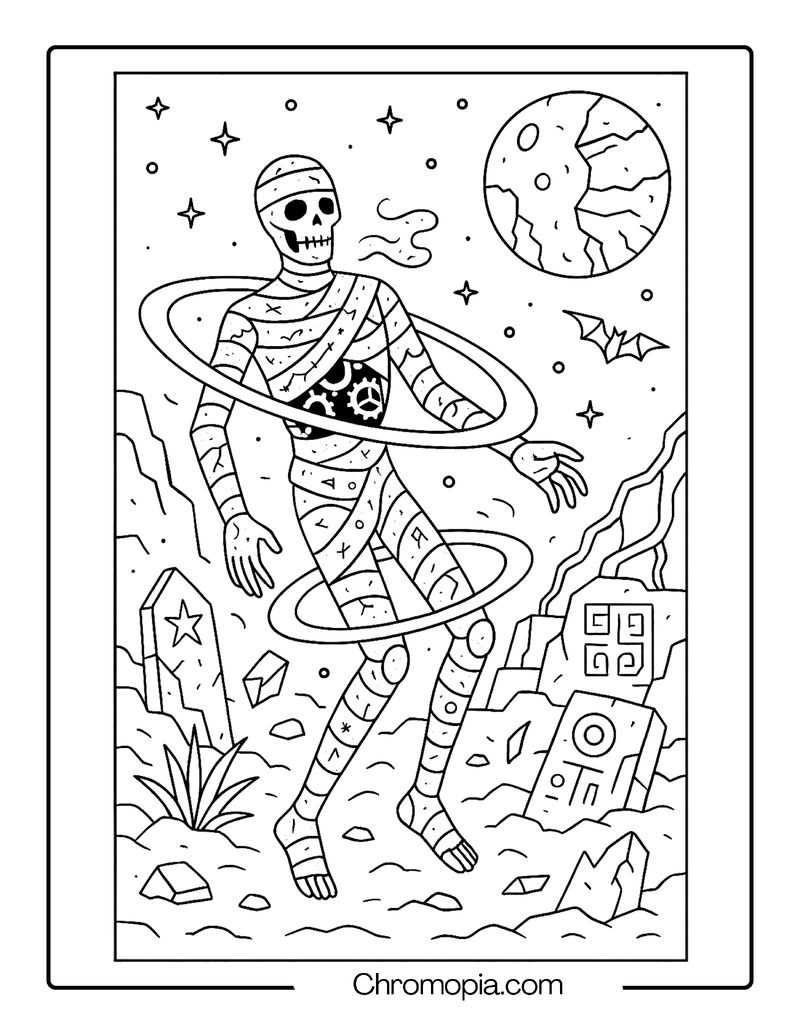 Celestial Mummy Drifting Through Space Tomb Ruins – Fantasy Mummy Coloring Page