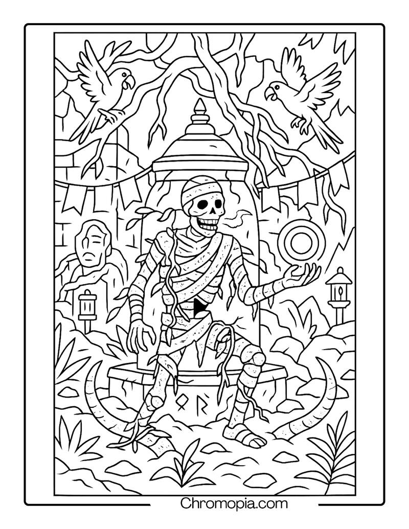 Jungle-Cursed Mummy in a Forgotten Temple – Fantasy Mummy Coloring Page