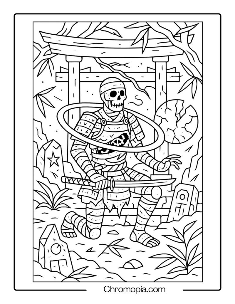 Samurai Mummy Guarding an Abandoned Shrine – Cultural Mummy Coloring Page