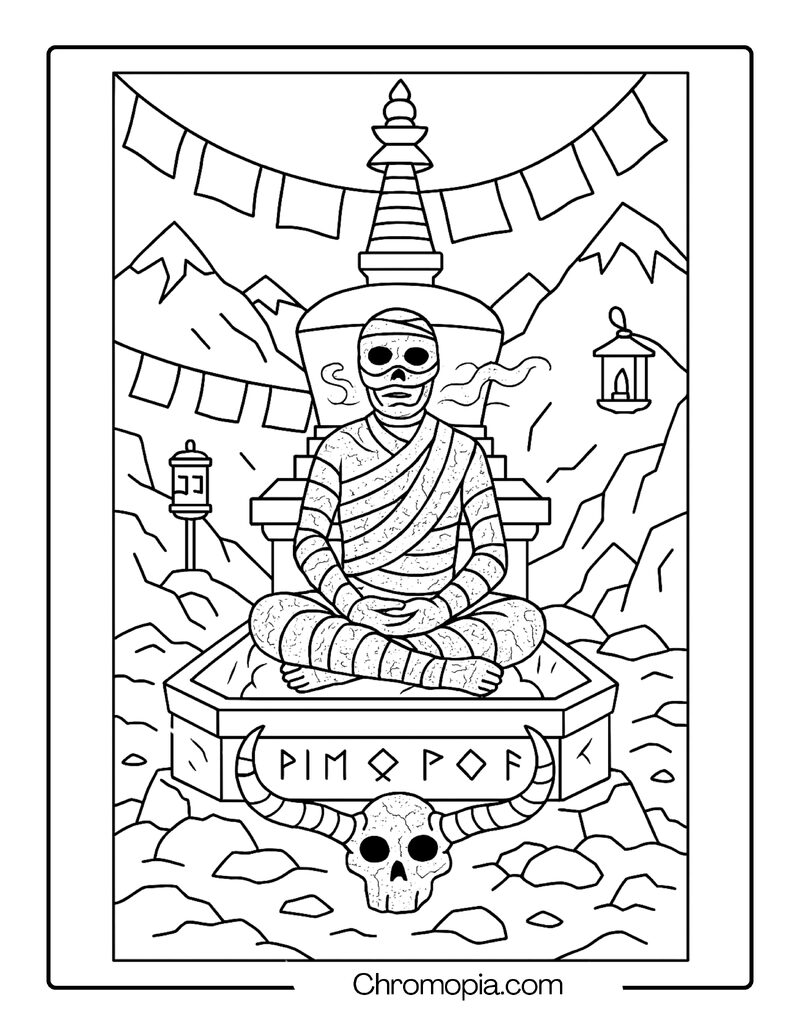 Tibetan Sky Burial Mummy Shrine – Cultural Mummy Coloring Page