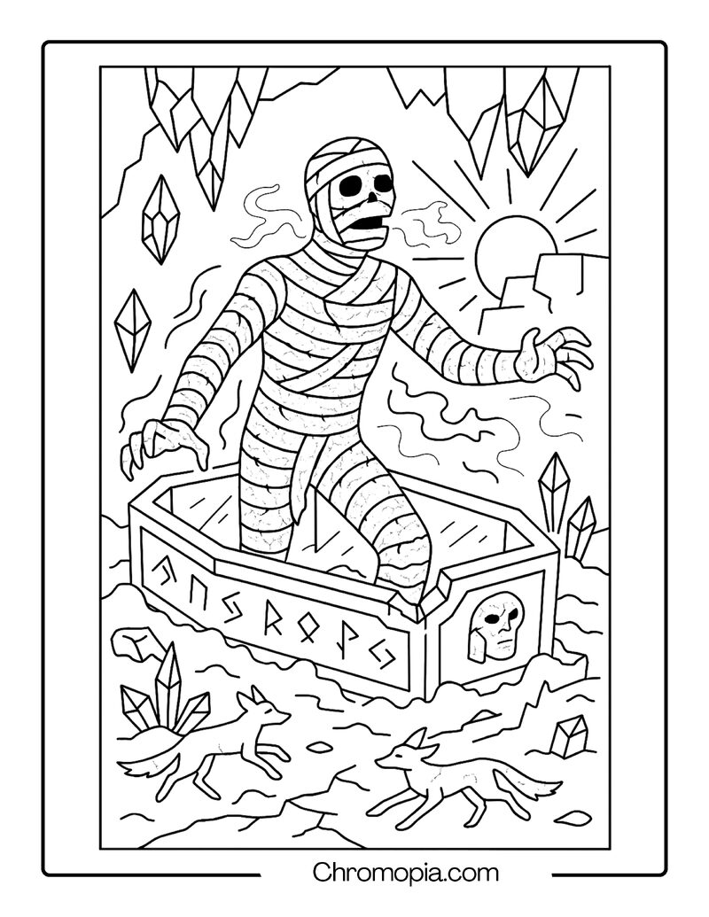 Undead Ice Mummy Awakens in a Frozen Crypt – Fantasy Mummy Coloring Page