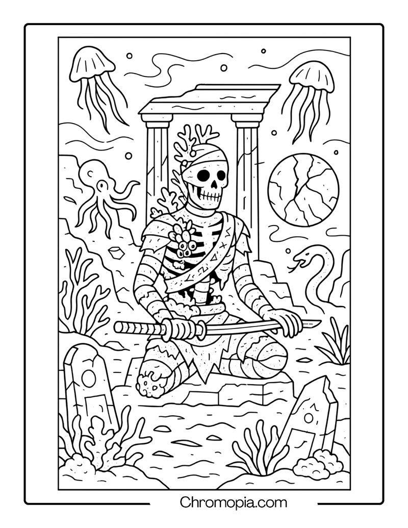 Underwater Atlantean Mummy with Coral-Crusted Wrappings – Fantasy Mummy Coloring Page