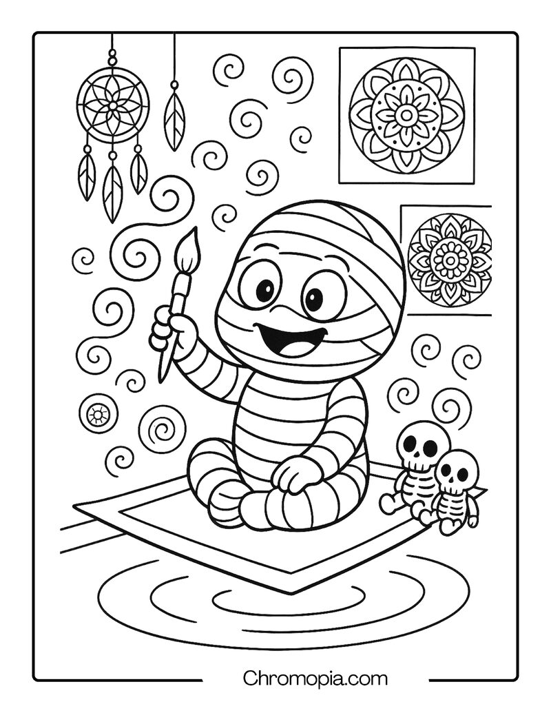 Baby Mummy Painting Mandala Spirals in a Magical Nursery – Cartoon Mummy Coloring Page