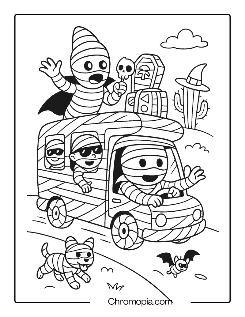 Cartoon Mummy Family on a Mummy-Themed Road Trip – Cartoon Mummy Coloring Page