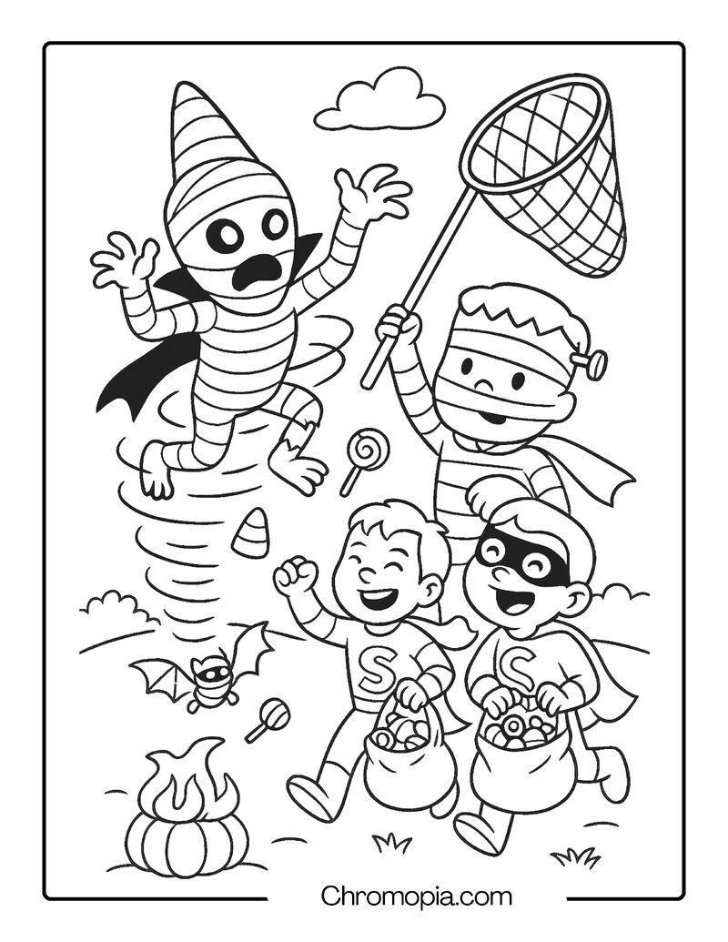 Cone Head Mummy Zombie Spinning Like a Tornado – Cartoon Mummy Coloring Page