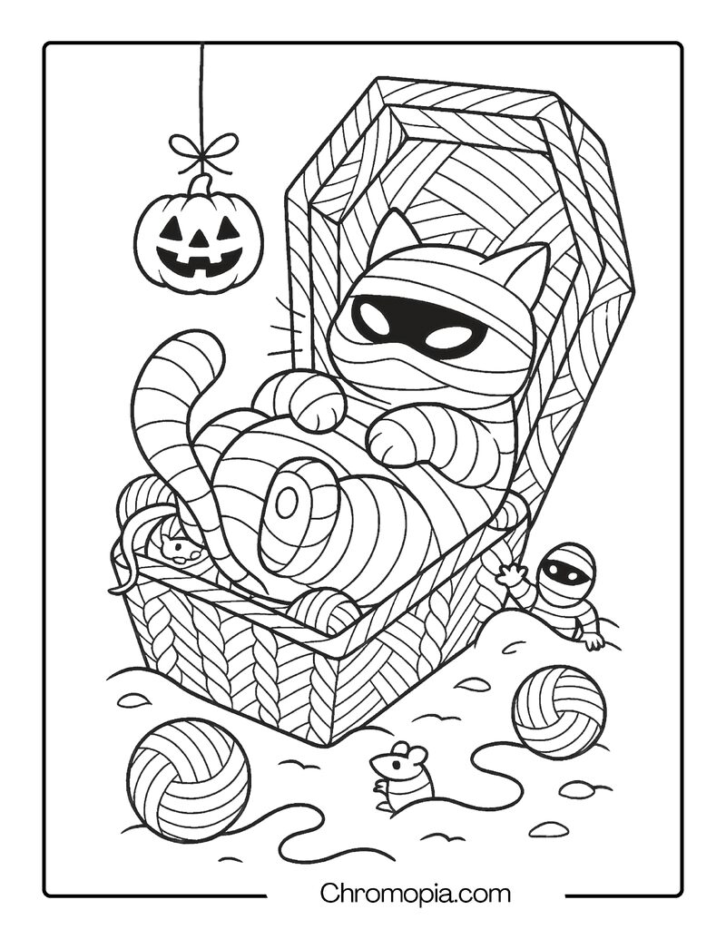 Cute Cat Mummy Sleeping in a Coffin-Shaped Yarn Basket – Cartoon Mummy Coloring Page