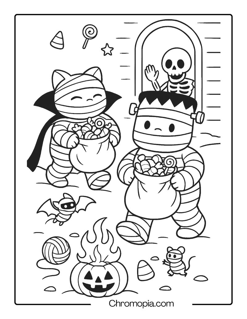 Dracula Mummy and Frankenstein Mummy Trick-or-Treating with Candy Overload – Cartoon Mummy Coloring Page