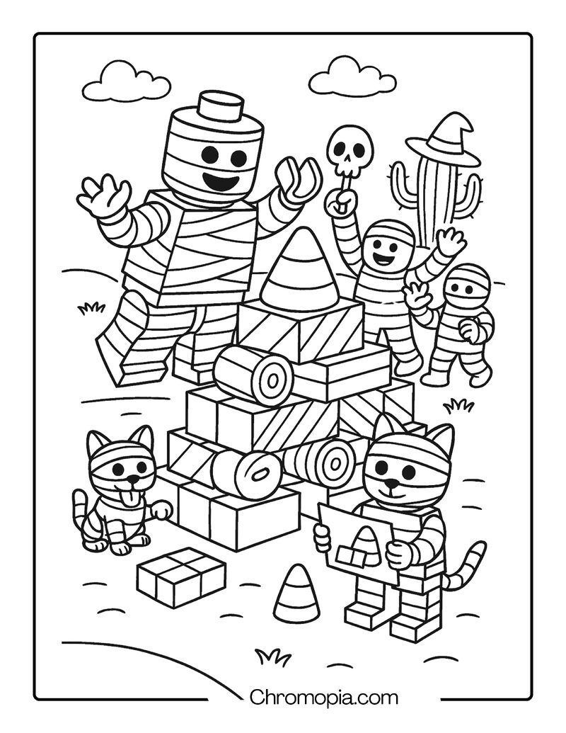 LEGO Mummy and Friends Building a Pyramid Out of Halloween Candy – Cartoon Mummy Coloring Page