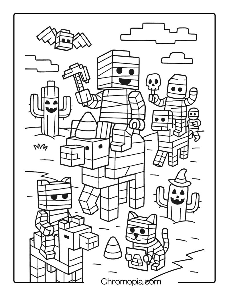 Minecraft Mummy Army Riding Pixelated Camels in a Halloween Desert – Cartoon Mummy Coloring Page