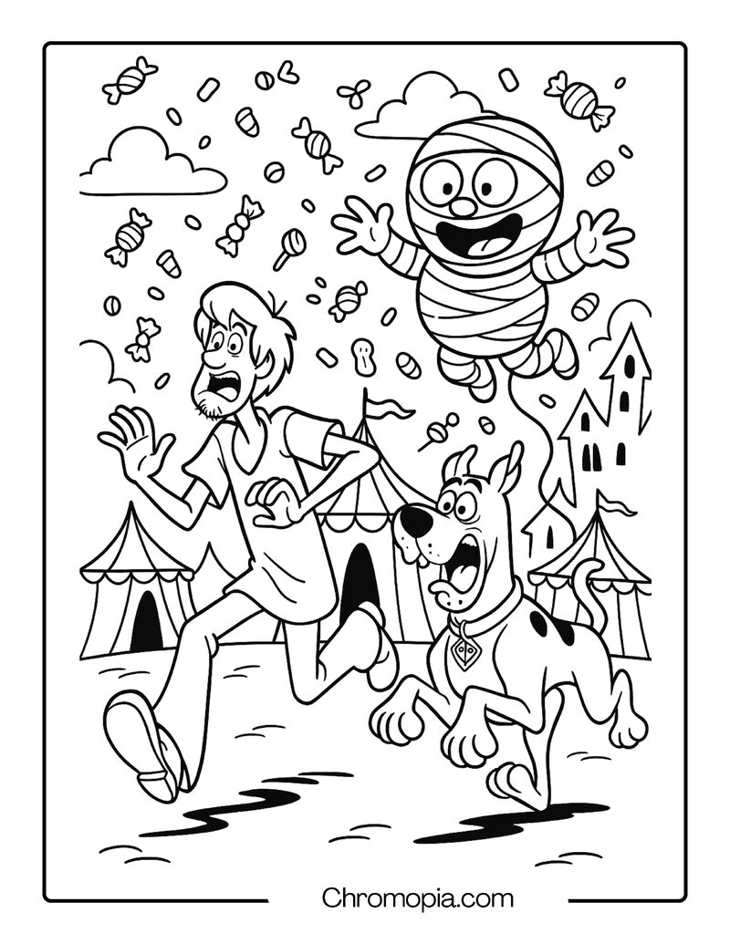 Scooby-Doo and Shaggy Running from a Goofy Balloon Mummy – Cartoon Mummy Coloring Page
