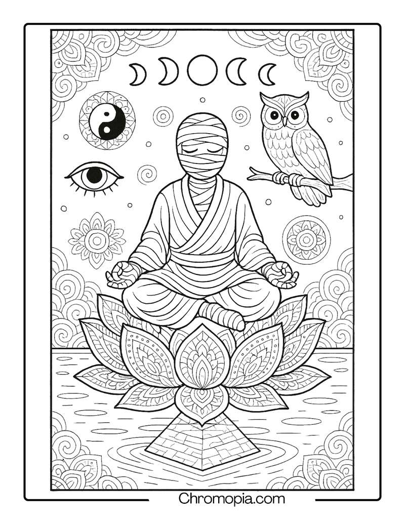 Spiritual Mummy Meditating on a Floating Lotus Over a Pyramid Lake – Cartoon Mummy Coloring Page