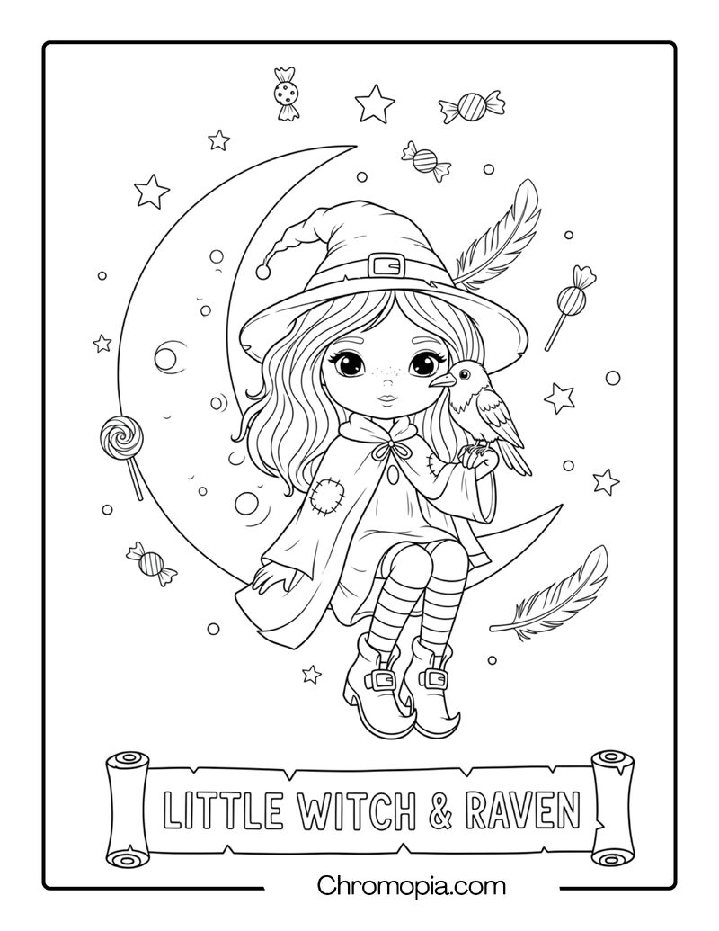 Cute Witch Girl with Pet Raven coloring page
