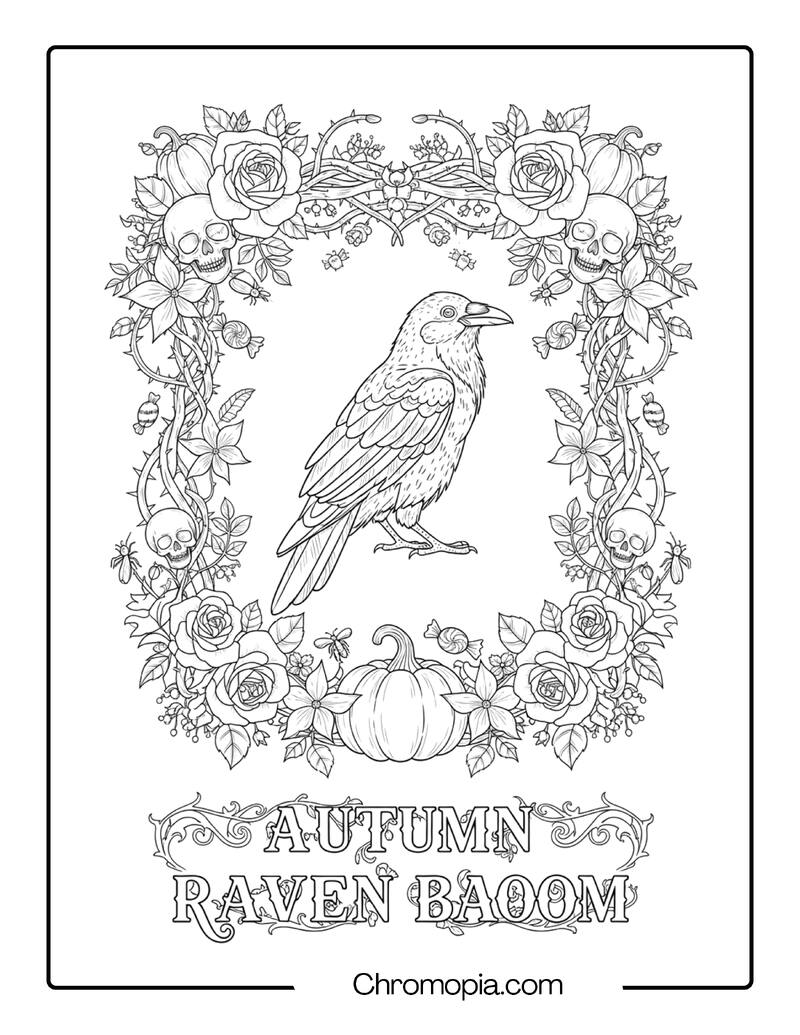 Floral Frame Raven in Halloween Garden coloring page