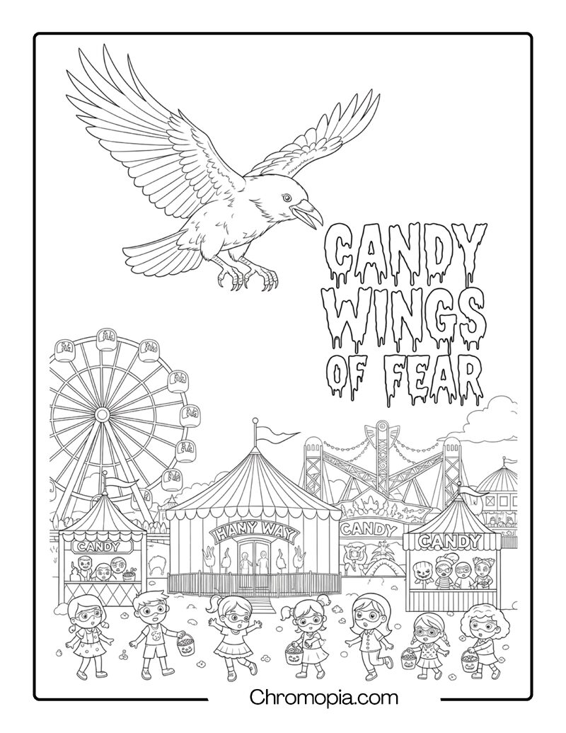Flying Raven over Haunted Carnival coloring page