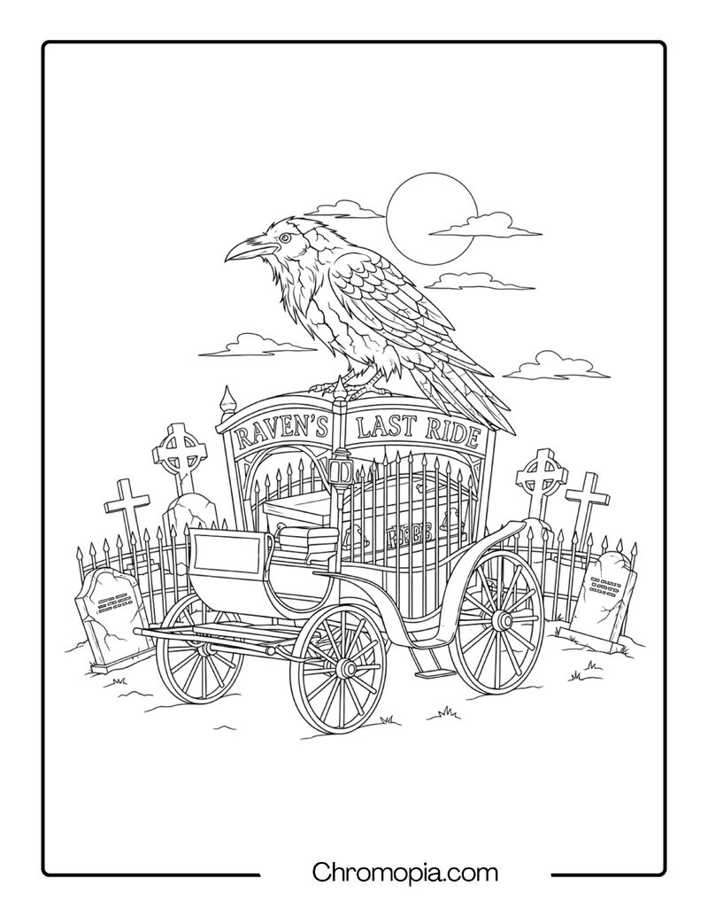 Gothic Raven on Graveyard Carriage coloring page