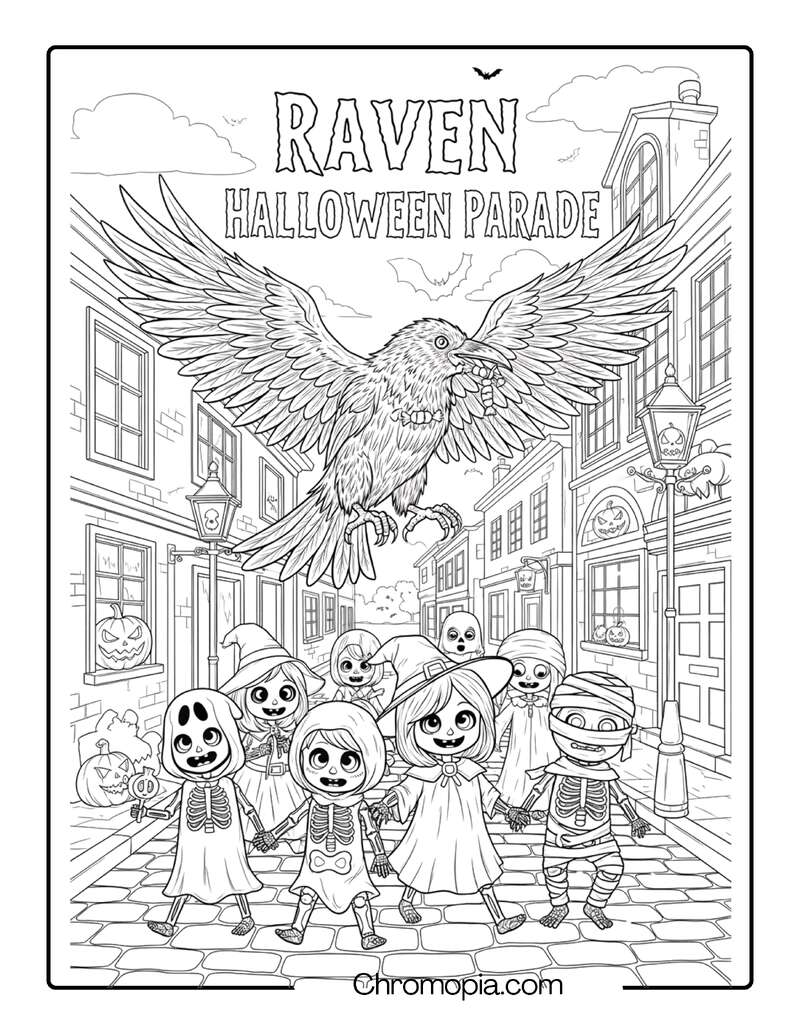 Haunted Raven Parade with Skeleton Kids coloring page