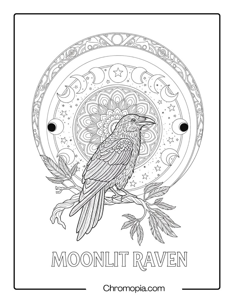 Mandala Raven in Full Moon Frame coloring page