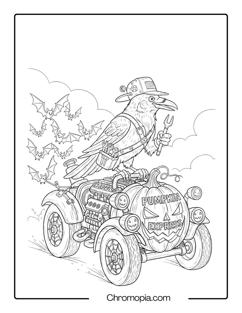 Raven on a Pumpkin Car Engine coloring page