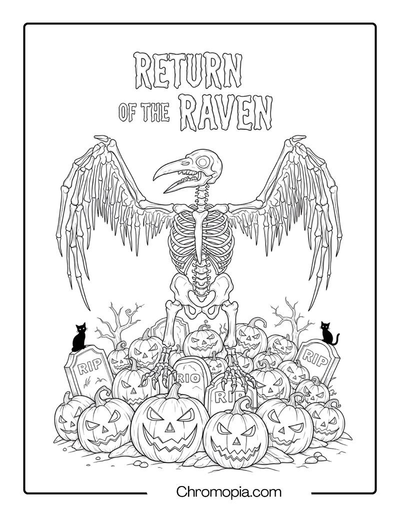Skeleton Raven Over Pumpkin Grave Pit coloring page
