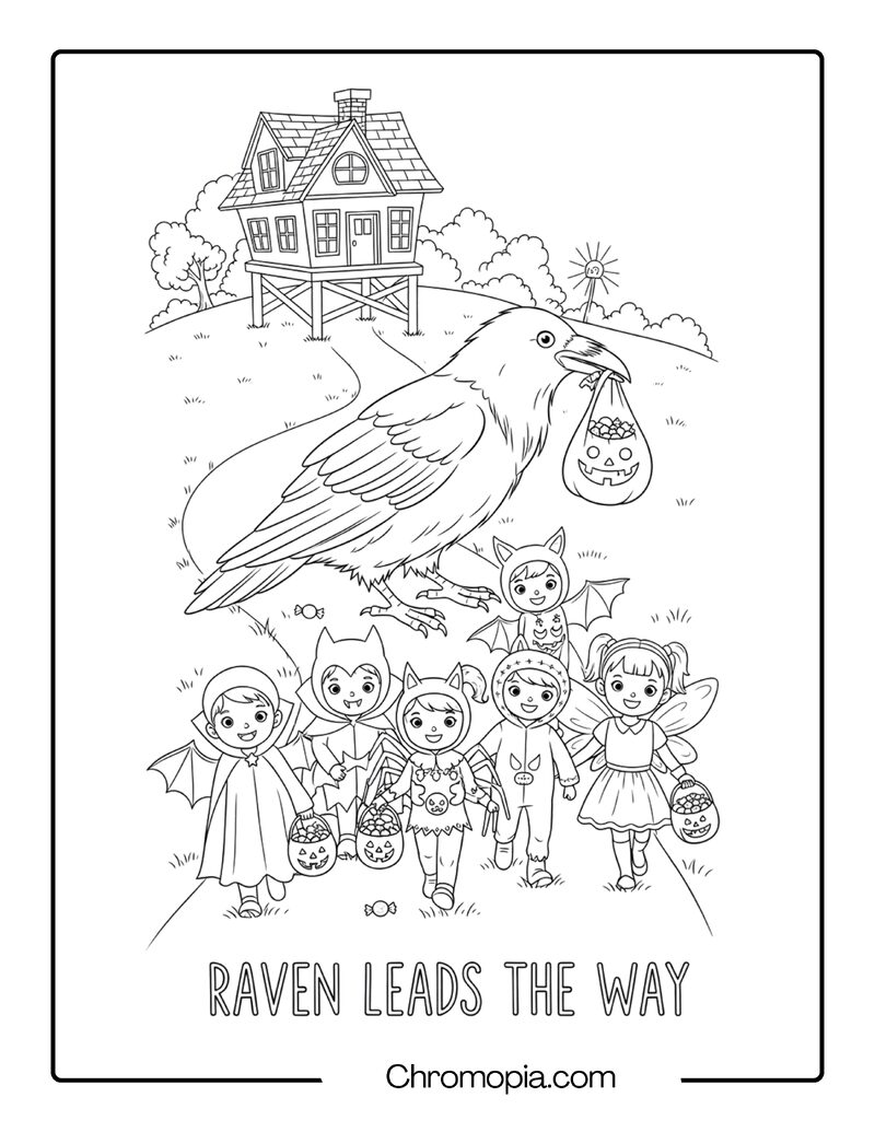 Trick-or-Treating Raven with Kids coloring page