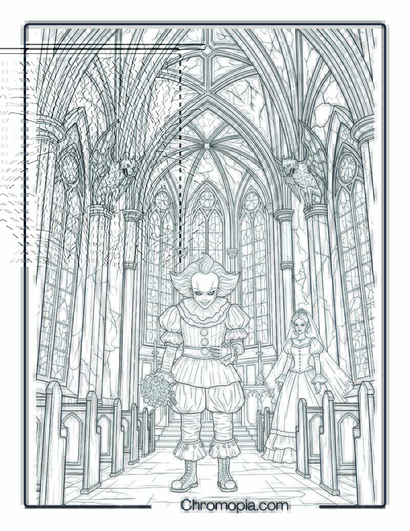 Gothic Wedding Pennywise in Haunted Cathedral coloring page