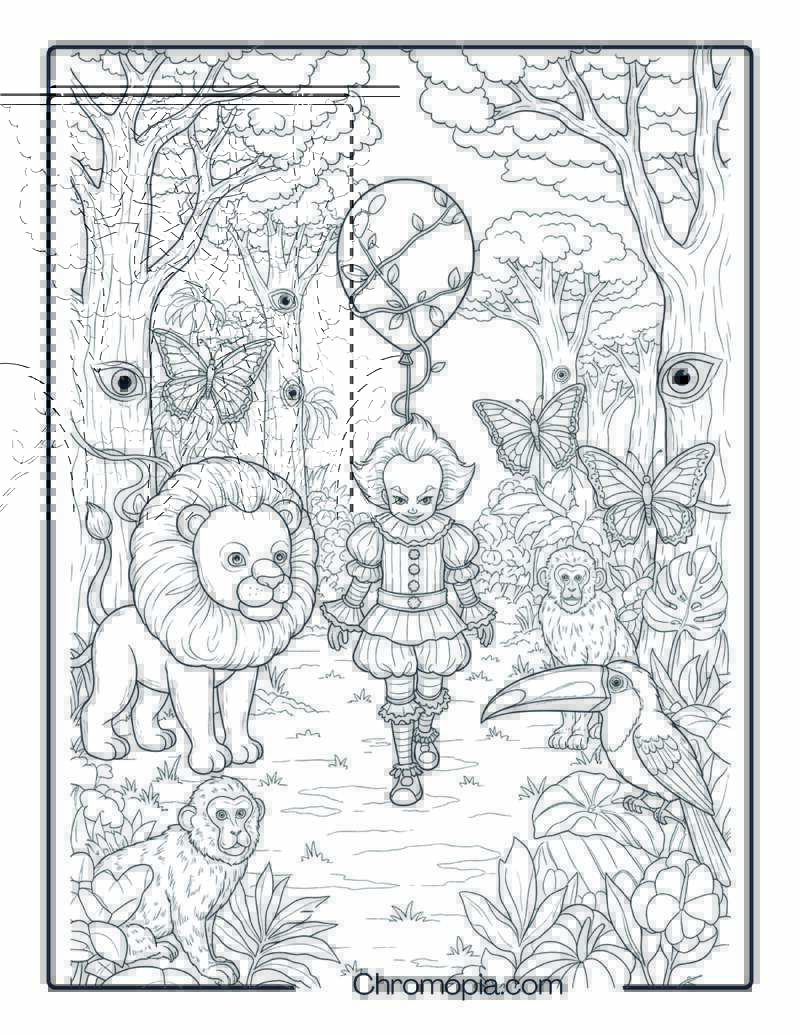 Pennywise Jungle Adventure with Animal Hybrids coloring page