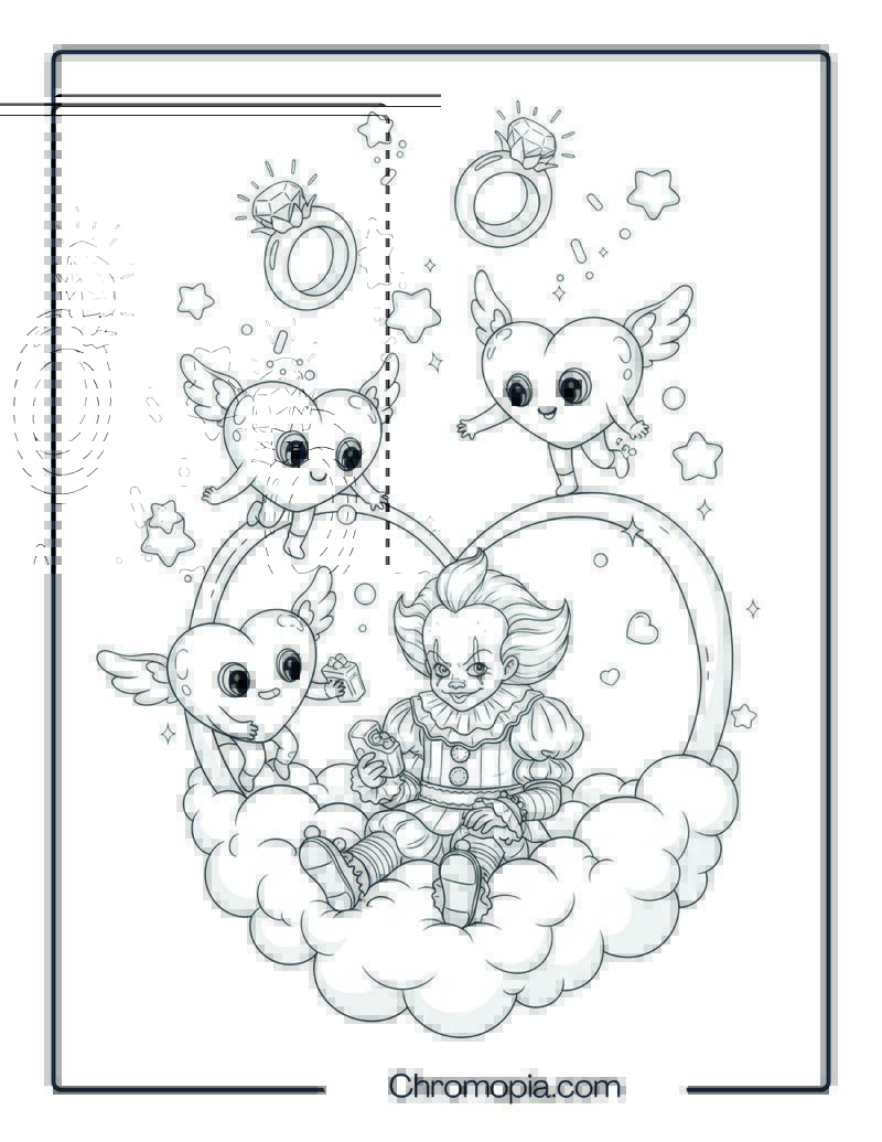 Valentine Pennywise with Flying Heart Creatures coloring page