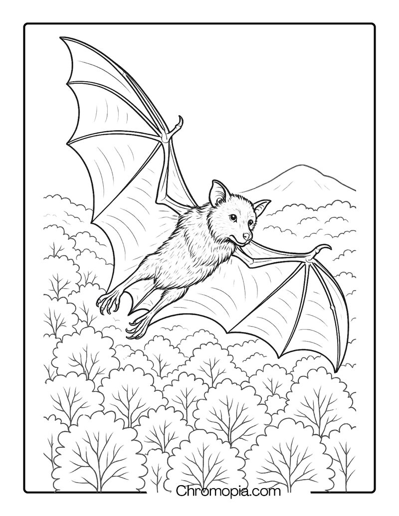 Giant Golden-Crowned Flying Fox Mid-Glide Over a Forest Canopy – Bat Coloring Page