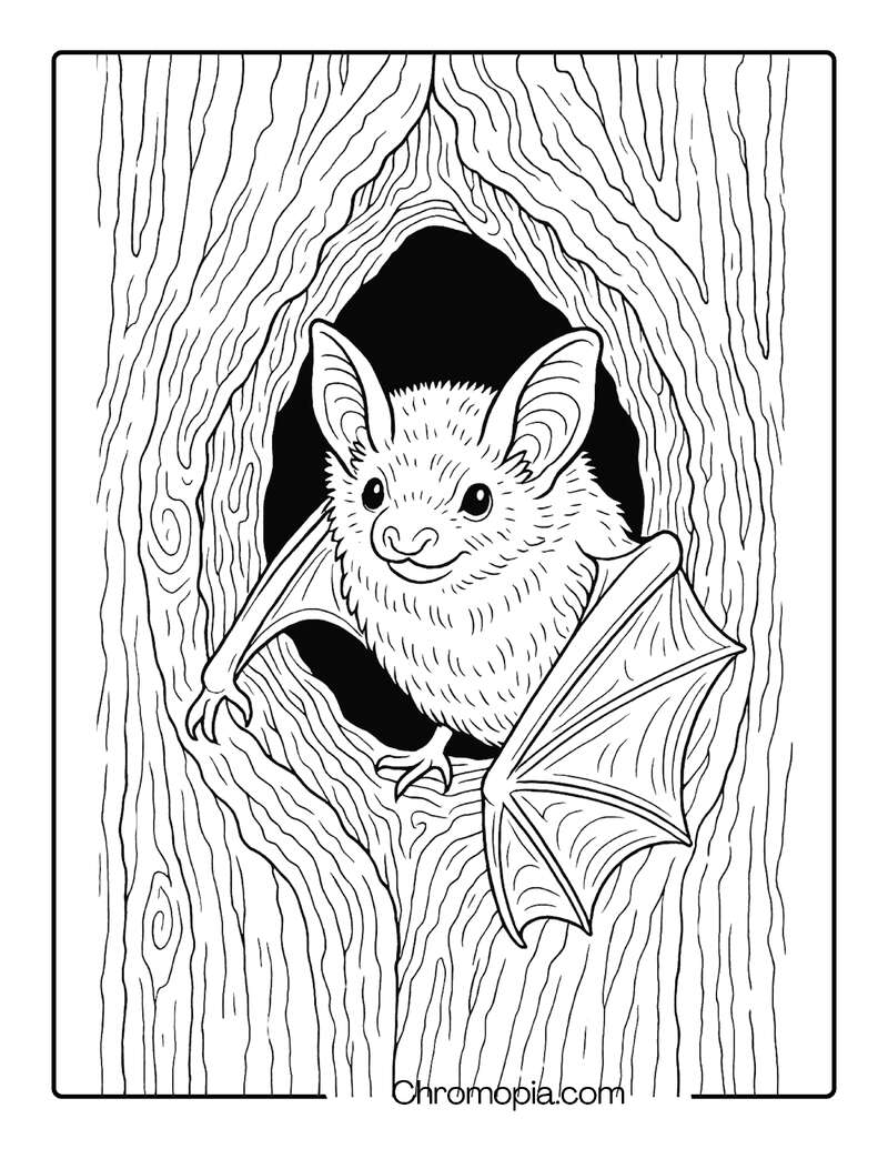 Little Brown Bat Emerging from a Hollow Tree – Bat Coloring Page