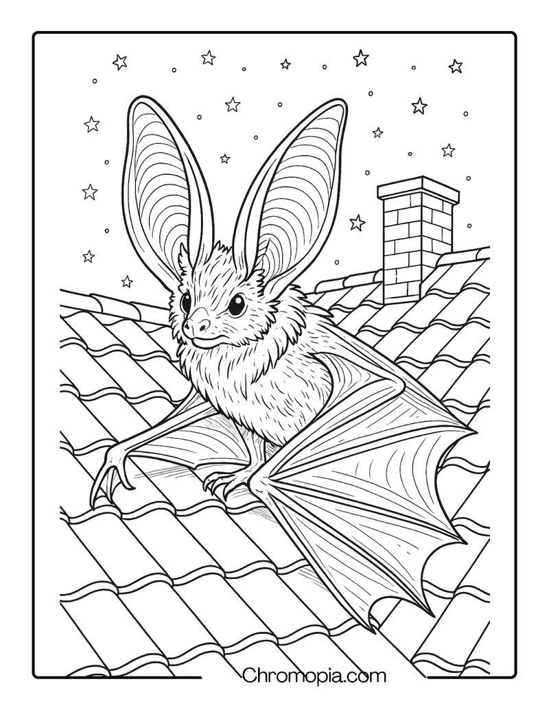 Long-Eared Brown Bat Resting on a Village Rooftop – Bat Coloring Page