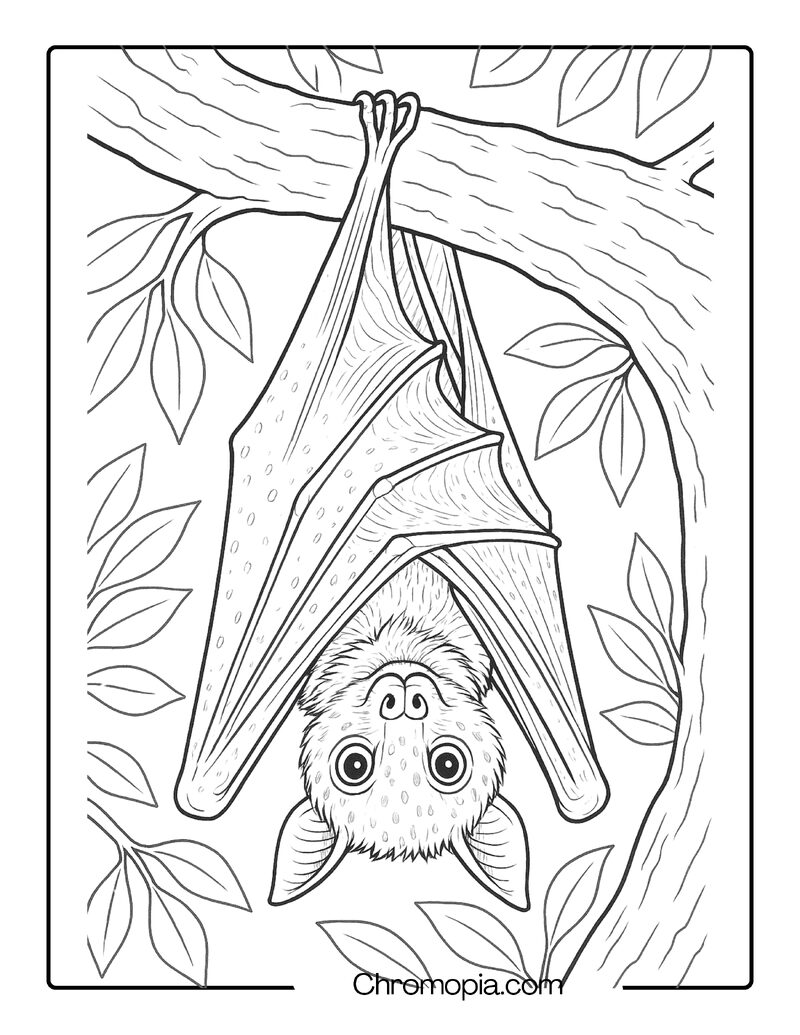 Spotted Winged Fruit Bat Hanging Upside Down in a Banyan Tree – Bat Coloring Page