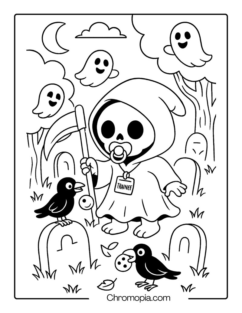 Baby Grim Reaper in Training – Cartoon Graveyard Coloring Page