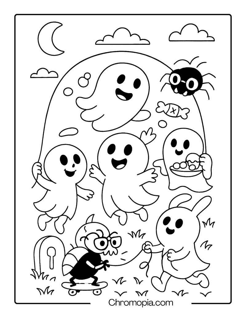 Bouncing Ghost Kids Playing Jump Rope with Spider Silk – Cartoon Graveyard Coloring Page