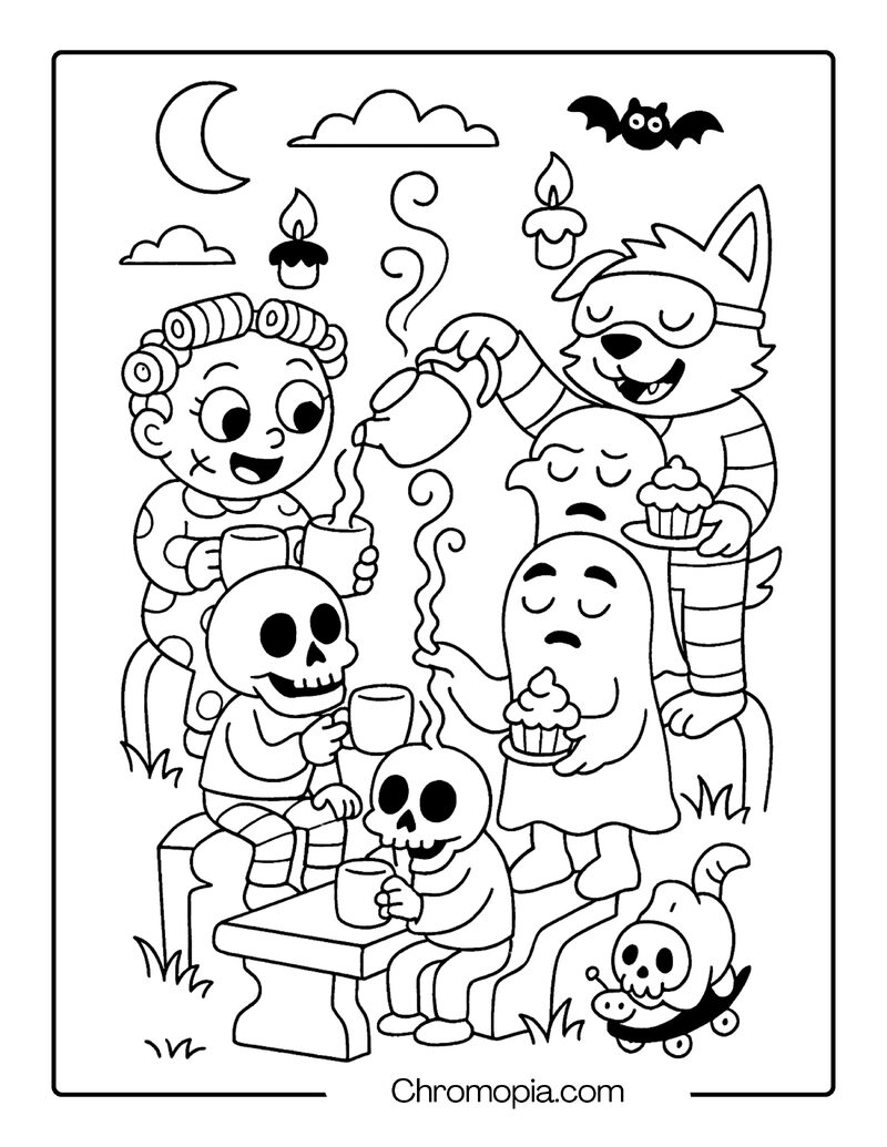 Graveyard Tea Party with Monsters in Pajamas – Cartoon Graveyard Coloring Page